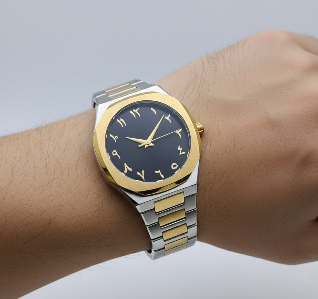Arabic Aura Watch – Golden Elegance with Dark Blue Dial