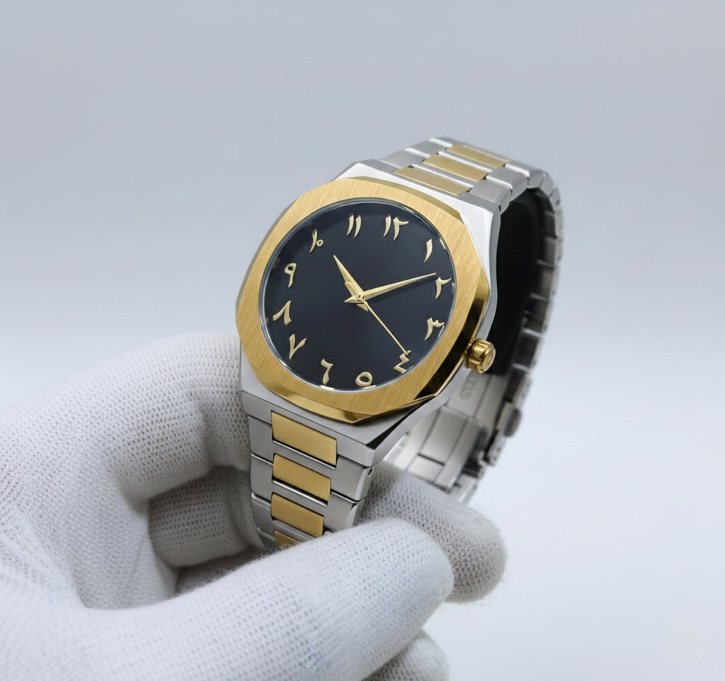 Arabic Aura Watch – Golden Elegance with Dark Blue Dial