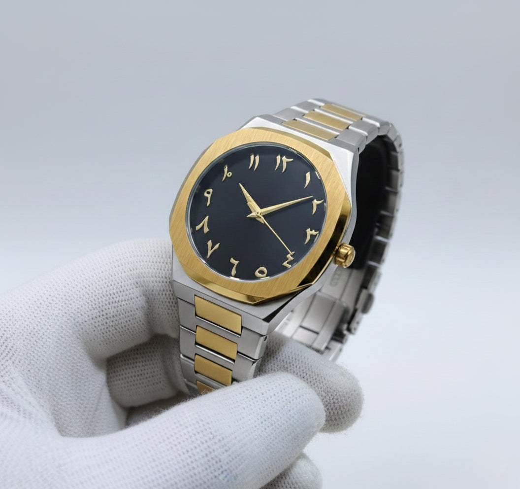 Arabic Aura Watch – Golden Elegance with Dark Blue Dial